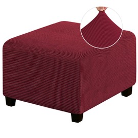 Stretch Ottoman Cover Ottoman Slipcovers Square for Living Room Foot Stool Stretch Covers to Fit Ottoman Foot Rest, Thick Checked Jacquard Fabric with Elastic Bottom (Medium Size, Burgundy)