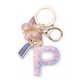 Initial Keychain, Letter Keychain with Butterfly & Tassel,Cute Purple Keychain for Women & Girls,Bag Charm,Bling Key Chain Gift for Friends, Sisters, Moms for Birthdays,Valentine's, Graduations, P, P
