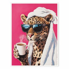 Leopard Drinking Coffee Poster Maximalist Animal Art Trendy Dopamine Decor for Kitchen or Dining Room Vivid Funny Morning Print-11x14Inch Ready to Hang (Unframed)