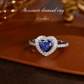 MYBELLNA Promise Ring for Her 925 Sterling Silver Created Ruby Blue Sapphire Emerald Diamond Heart Promise Wedding Engagement Ring for Wife Girlfriend Her Anniversary (Ring-2, Blue, 57（18.1）)