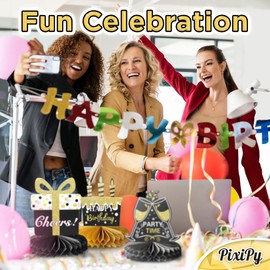 Happy Birthday Table Decoration Centerpieces - 9 Pieces, Black & Gold - Double-Sided Happy Birthday Centerpieces for Tables - Party Supplies for Elegant Birthday Decorations - by PixiPy