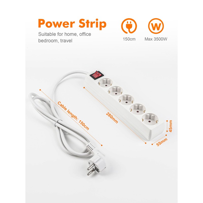 GRIFEMA Power Strip 5-Way Multiple Socket with Switch, 3500 W,