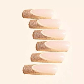 Glitter Gold French Tips Long Square Fake Nails Bling Wave Line Acrylic Nails Stick on Nails with Swirl Design Glossy Full Cover Artificial False Nails Pink Solid Color Glue on Nails for Women 24Pcs