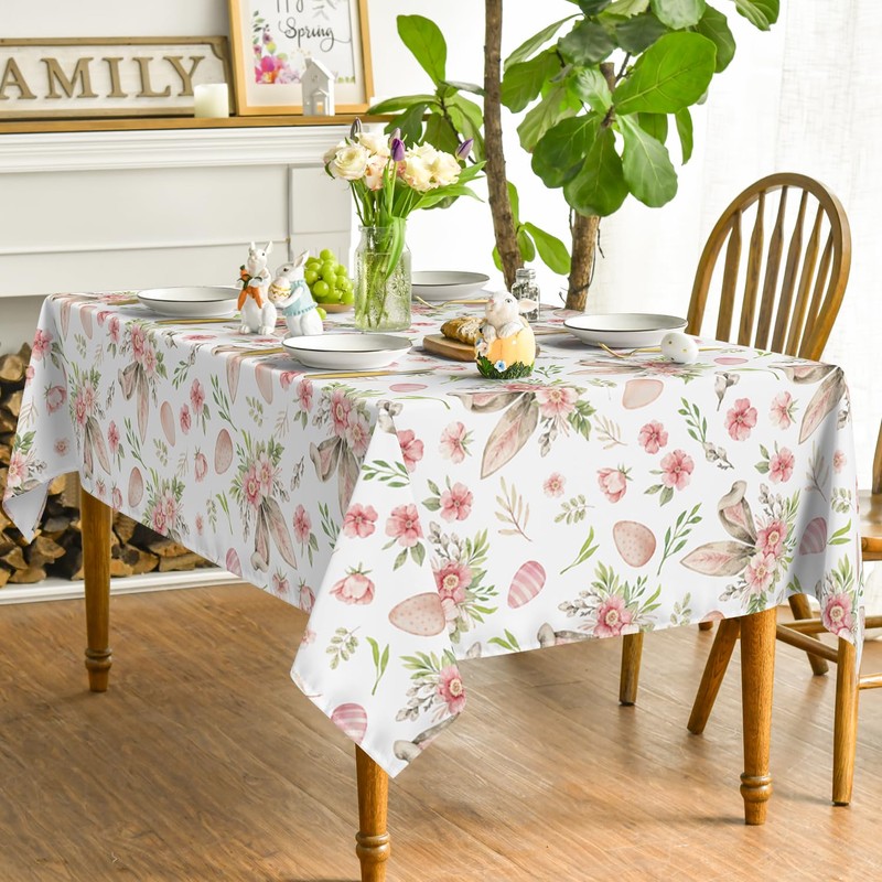 Horaldaily Easter Tablecloth 60×84 Inch Rectangular, Bunny Ear Flowers Spring