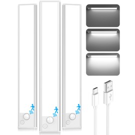 Under Cabinet Lighting, 2200mAh Battery Operated Rechargeable Motion Sensor LED Night Lights Indoor, Wireless Closet Light, 6000K Dimmable Magnetic Under Counter Lights for Kitchen, Stair, 3 Packs