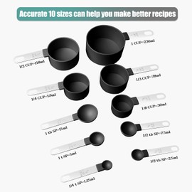 Songjum Stackable Measuring Cups and Spoons Set Plastic with Stainless Steel Handle 10 Pieces Kitchen Gadgets for Measuring Solids and Liquid (Black)