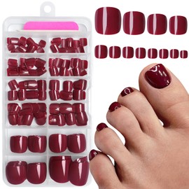AddFavor Press on Toenails, 240pcs Burgundy Toe Nail Press ons Glossy Fake Toe Nails Full Cover Glue on Press on Toenails for Women Pedicure
