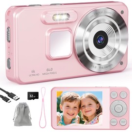 HERBYD Digitalkamera 4K Fotokamera 64MP Kamera Fotoapparat Tragbare Kompaktkamera mit 2,8" LCD Bildschirm, 18X Digitalzoom, 32GB SD Karte, 1 Schlüsselband für Kinder Teenager Anfänger (Rosa)