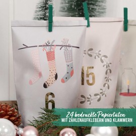 Papierdrachen Extravagant Advent Calendar to Fill at Home with 24 Pastel-Coloured Gift Bags and 24 Number Stickers and Pegs with Hygge Motif for Crafts Gift-Giving Christmas and Advent