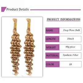 18 Inch Deep Wave Braiding Hair For Boho Braids160g(1Pack-2Bundles) Water Wave Bulk Braiding Hair For Bohemian Knotless Wet and Wave, Synthesis Braiding Hair For Micro Braids (27#, 18inch)