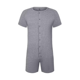 Landofgenie Men's Short-Sleeved Cotton Bodysuit with Boxer Shorts Design and Button Placket - Comfortable Romper for Homewear and Everyday Use, darkgray, XXL