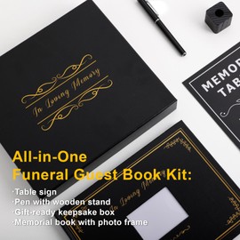 MIIOO Black Funeral Guest Book for Memorial Service, Hardcover Funeral Sign in Book for Guests,in Loving Memory Guestbook Set with Pen and Sign,Celebration of Life Decorations