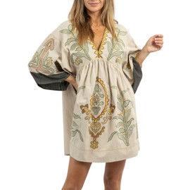 Joiemont Womens Embroidered Dress with V-Neck and 3/4 Sleeves Loose Fit Vintage Embroidery Babydoll Dress(0603-Olive-S)