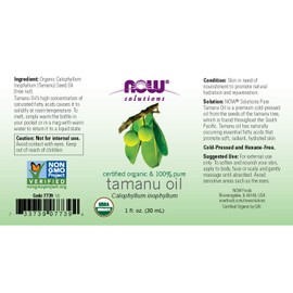 NOW Solutions, Organic Tamanu Oil, Certified Organic and 100% Pure, Promotes Hydration and Rejuvenation, 1-Ounce