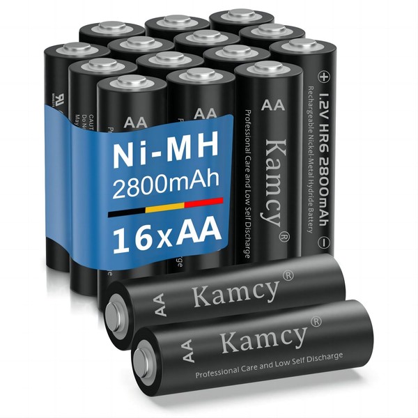 KAMCY - Baterías AA recargables recargables, doble AA de alta capacidad, 2800 mAh, batería solar NiMH de 1,2 V precargada, paquete de batería AA para control remoto, juguetes, linterna/ratones, paquete de 16 unidades