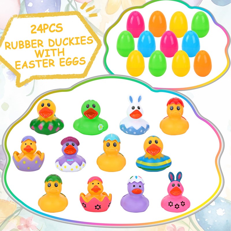 JULBEAR 24Pcs Easter Eggs Filled with Rubber Ducks, Colorful Duck