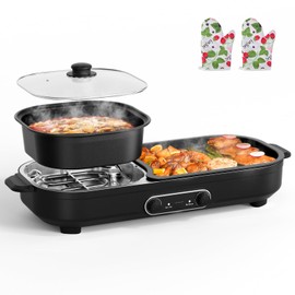 2 in 1 Hot Pot Electric with Grill, 1950W Korean BBQ Grill Indoor Large Capacity Non-Stick Electric Griddle Removable Electric Grill with Independent Dual Temperature Control and Gloves for 2-5 People