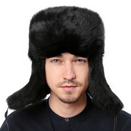 Fur Trapper Hat Winter Ushanka Russian Hat Men Fur Hats with 100% Rabbit Fur Aviator Hat with Earflaps Windproof（XL,Black）