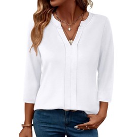 3/4 Length Sleeve Womens Tops V Neck White Blouse for Women Dressy Casual Pleated Summer Tops Beach Fashion L