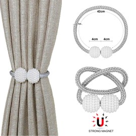Magnetic Curtain Tie Backs, 2PCS Magnetic Curtain Clips Rope Curtain Holder Buckles Small Bead Curtain Buckle Clips Rope Holders for Home Office Hotel Window Decoration (Silver(2pcs))