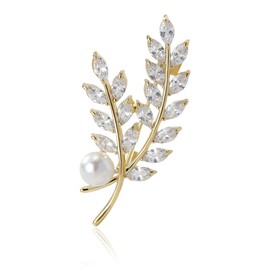 Gold Crystal Flower Leaf Brooches for Womne Elegant Rhinestone Pearl Floral Brooch Pins Fashion Jewelry Brooch pin Accessories for Women Gift (Clear)