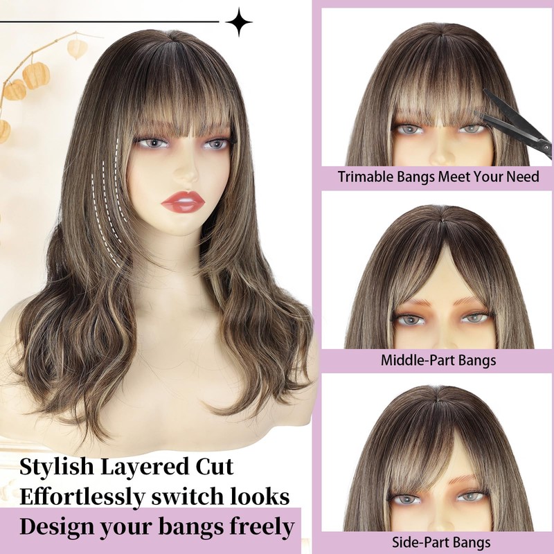 Cisyia Brown Blonde Highlight Wig with Bangs for Women, 4x4