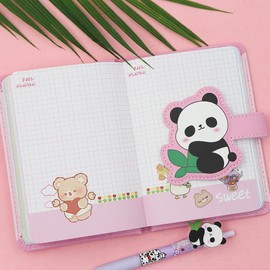 2 in 1 Cute Panda Theme Stationery Gift Box Set Includes 1 Pcs A6 Cartoon Panda Notebook Journal Hardcover Notepad Diary and Pen Gift for Birthday Christmas Kids Study Office School Supplies (Pink)
