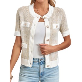 Langwyqu Womens Short Sleeve Button Down Cardigans Sweater Cropped Lightweight Crew Neck Elegant Tops Apricot