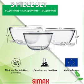SIMAX Glass Mixing Bowls Set: Borosilicate Glass Mixing Bowls - Microwave, Oven & Dishwasher Safe - 3 Piece Set (2 Cup, 5.5 Cup, 10.5 Cup)