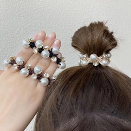 HAPVITAL Hair Elastics [Set of 3], Hair Ties, Hair Ornament, Fashionable, Office, Commute, Adult, Simple, Trendy, Accessory, Stylish, Cute, Gift (Pearl Crystal Design)