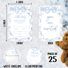 SIXEIGHT Blue Bow Bear Baby Shower Invitations, A Sweet Little Baby Is On the Way, Baby Shower Invitations for Boy Girl, 25 Pack Double-sided Invites with Envelopes, Blue Toile Party Decorations-A06