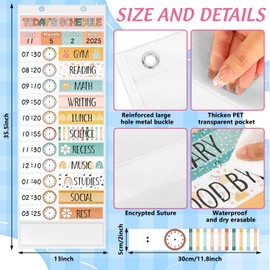 JarThenaAMCS Boho Daily Schedule Pocket Chart 13 x 35.5 In Rainbow Flower Smile 13 + 1 Pocket Visual Schedule Chart Board with 24 Card for Classroom Home Office Supplies