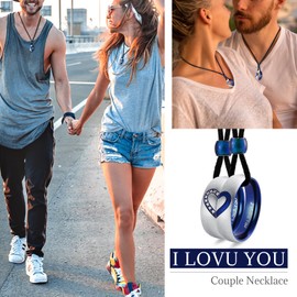 Aeici Matching Necklaces for Couples Necklace Stainless Steel His and Hers Necklace I Love You Ring Necklace Puzzle Blue