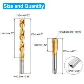 uxcell Tap and Drill Bit Set, 1pcs 5/8-11 UNC Straight Flute Thread Screw Tap & 1pcs 13.5mm Twist Drill Bit, Titanium Coated HSS-6542 Tapping Threading Tool Kit