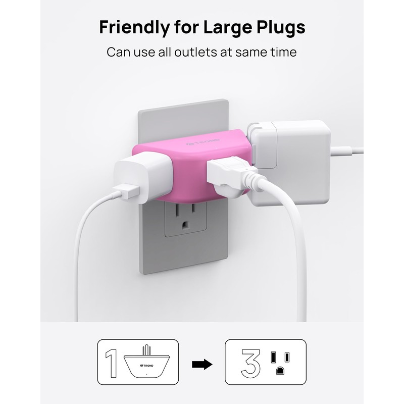 TROND Pink Outlet Extender - Multi Plug Outlet with 3-Prong