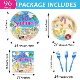 CHUNNIN 96Pcs Hello Summer Plates and Napkins Beach Party Decorations Hawaiian Tropical Disposable Paper Dessert Plates Tableware Set for 24 Guests Kids Summery Ocean Pool Birthday Party Supplies