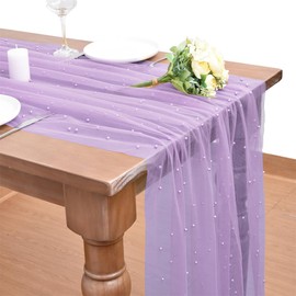 Dlpafzy Lilac Pearl Spring Summer Table Runner Boho Rustic Tulle Lace Mothers Day Table Runner for Baby Shower Wedding Arch Decor Veil Dessert Table Decor