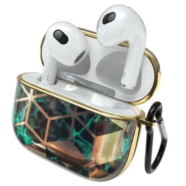 EAZY CASE - Protective Case for AirPods 3 Case Green Hard Case Shockproof with Carabiner Suitable as Key Chain Anti-scratch Case Non-Slip Hard Case for Airpod 3rd Generation in Gold Green Marble