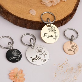 Anavia Floral Pet ID Tags, Birth Month Flowers Theme Dog Tag Round Bone Shape Cat Name Tag, Glossy Stainless Steel Gold Plated Dog Collar Tag (Round - Single Stem - Gold, Medium)