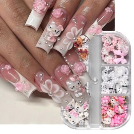 6Girds/Box Cartoon Nail Art Charms Set, 3D Cute Nail Rhinestones Charm Nail Bow and Heart 3D Flowers for Nails Design, Gems Pearls Nail Jewelry DIY Crafts Nail Art Accessories Manicure Tools