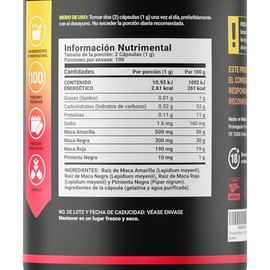 Complejo de Maca 200 Cpsulas 1000 mg por porcin. Amarilla, Negra, Roja y Pimienta Negra. Ingredientes naturales. Maca Blend.                          