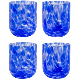 Stephanie Imports Set of 4 Handcrafted Double Old-Fashioned Confetti Drinking Glasses, 12 oz (Ocean Blue & White)