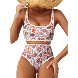 Herseas Women's Bikini Sets Floral Print Color Block Swim Suits High Waisted Scoop Neck Wireless Bathing Suits Orange Travel Outfits Medium