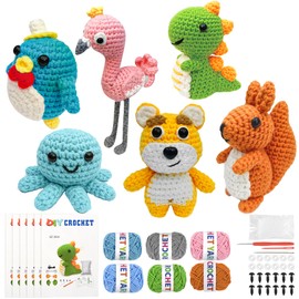 FHFTHYH 6Pcs Crochet Kit for Beginners, DIY Craft for Adults and Kids, Great Gift for Crochet Lovers, Crocheting Animal Kits with Step by Step Videos,Yarn,Crochet Hook,Birthday Holiday Gift