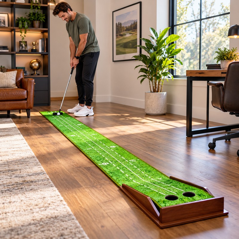 Golf Putting Mat with Wooden Automatic Ball Return, 2-Hole Indoor