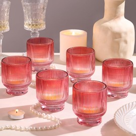 Red Votive Candle Holders Set of 6-2.55" x 3" Gradient Tea Lights Candle Holders Glass with Stylish Ribbed Design, Large Votive Holders for Valentines, Wedding Centerpieces, Christmas, Party Decor
