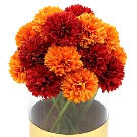 Blooming Paradise 20Pcs Artificial Fake Flower Plants Silk Chrysanthemum Ball Hydrangea Arrangements Wedding Bouquets Decor Home Kitchen Garden Party Table Floral centerpieces DIY (Red&Orange)