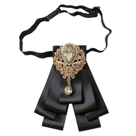 JKQBUX Retro British Rhinestone Pre-tied Adjustable Bow Tie Brooch for Men Necktie Bownot Sparkling Satin Ribbon Bow Tie, Black-gold Rhinestone, 12.5* 14cm