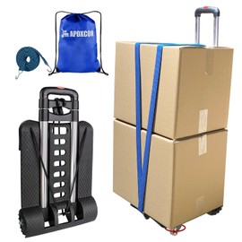 APOXCON Folding Hand Truck, Aluminum Lightweight Dolly Cart with 2 Full Rotating Front Wheels & 2 Rear Tank Wheels, 360 LB Heavy Duty Luggage Cart Come with Bungee Cord and Drawstring Backpack