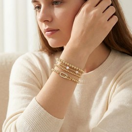 Tyebiva Gold Bracelets Stack Set for Women, Summer Trendy 4Pcs Pearls Beaded Stretch Stackable Bracelet Party Beach Jewelry Accessories Gift